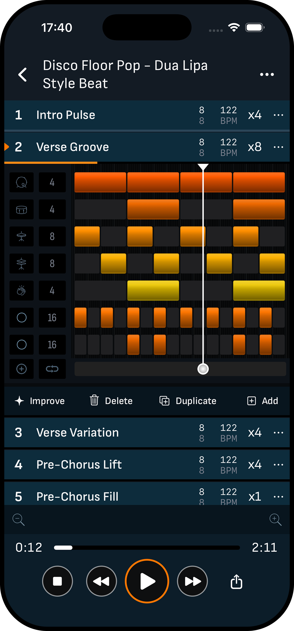 Drummer Buddy section editor with a disco pop beat