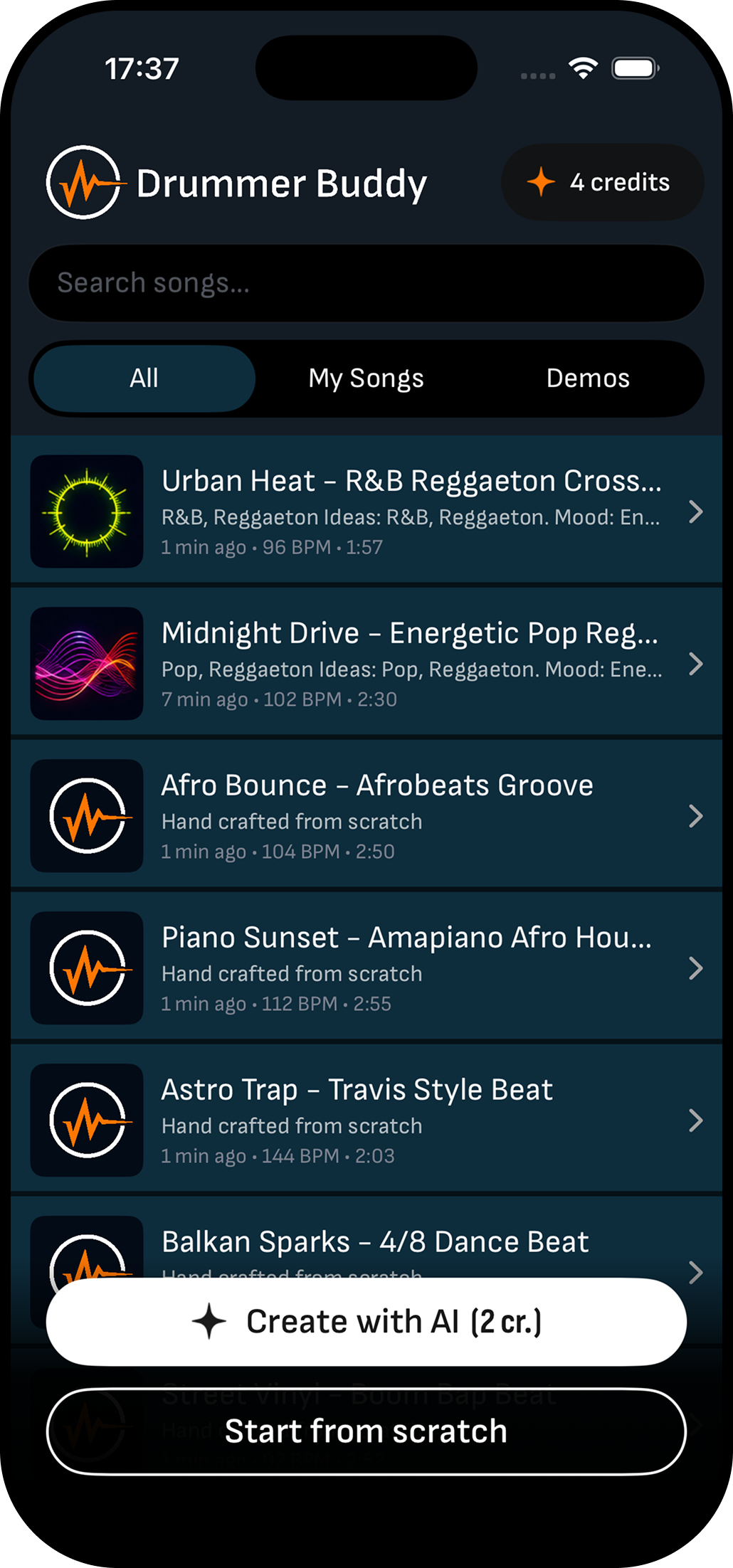 Drummer Buddy song library with generated beat ideas