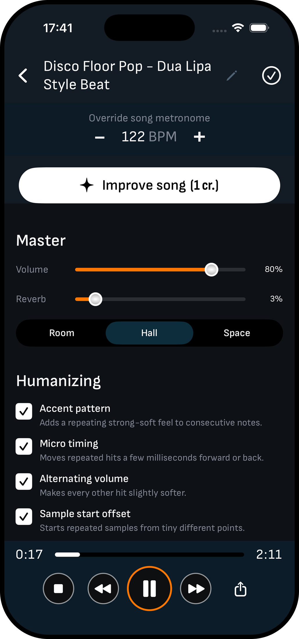 Master and humanizing controls in Drummer Buddy